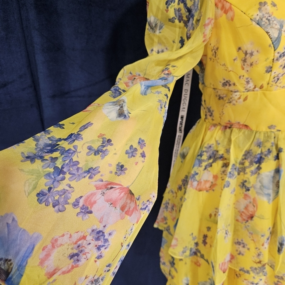 NWT Mac Duggal Yellow Chiffon Ruffled Tiered Long Sleeve Dress Sz 2 - Picture 9 of 15